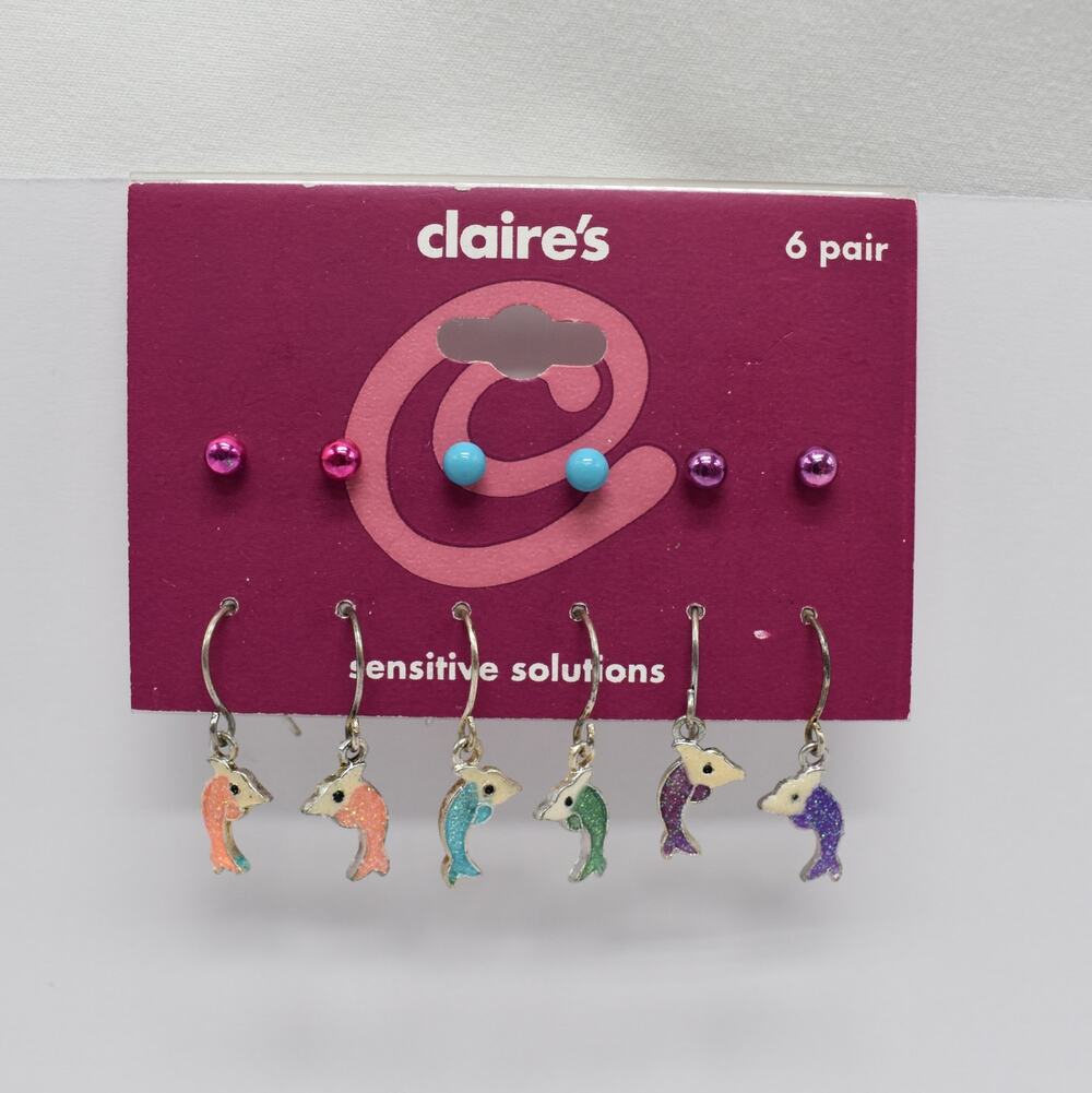 Y2K Deadstock Dolphin Earring Set Claire's Stud Dangle Vintage 6 PC Multicolor